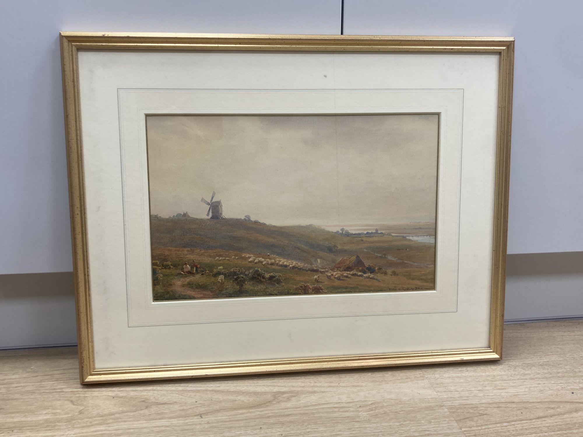 Vivian Rolt (1874-1933), watercolour, Sheep and windmill on the South Downs overlooking Shoreham, signed, 25 x 40cm